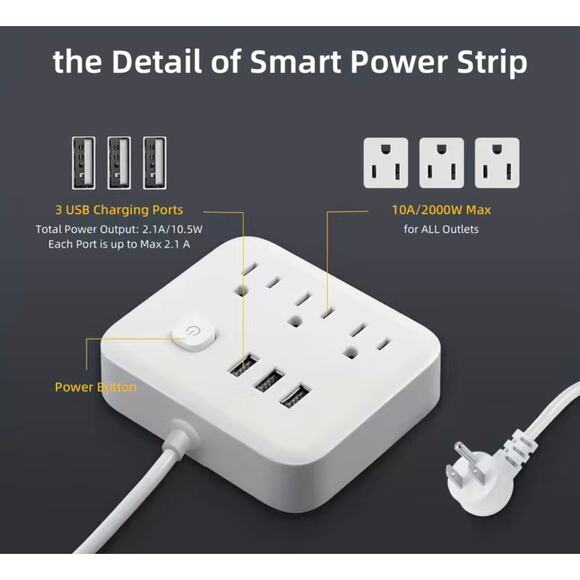 Power Strip Surge Protector 3 AC Outlets 3 illuminated USB Charging Station - Picture 2 of 6